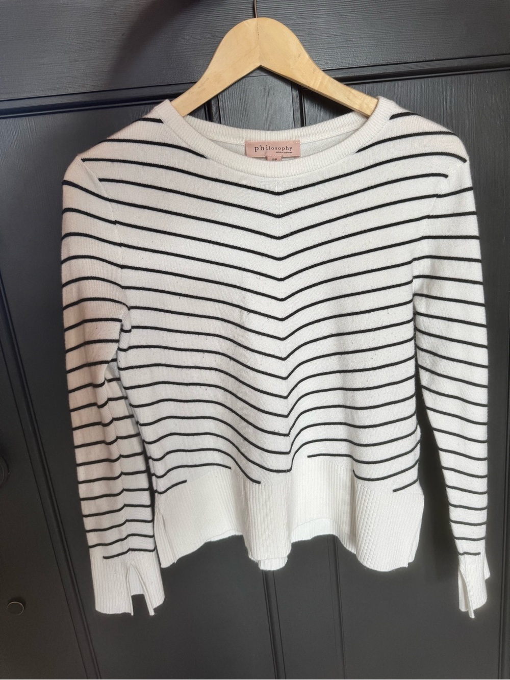 Philosophy White Crewneck Sweater with Black Stripes